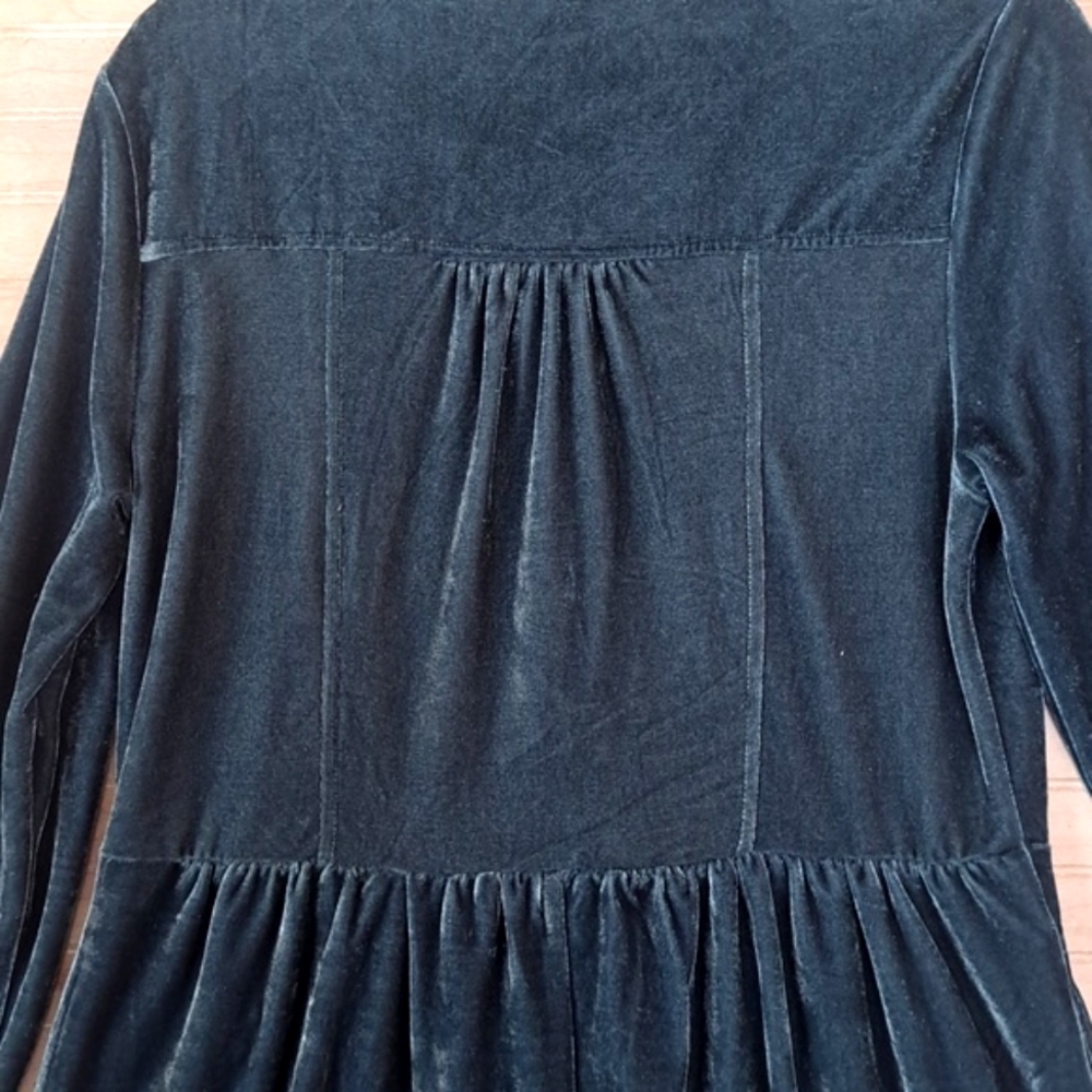 Cozy Casual Velvet Long Sleeve Button Front Pockets Dark Teal Relaxed Fit Dress - Picture 12 of 12
